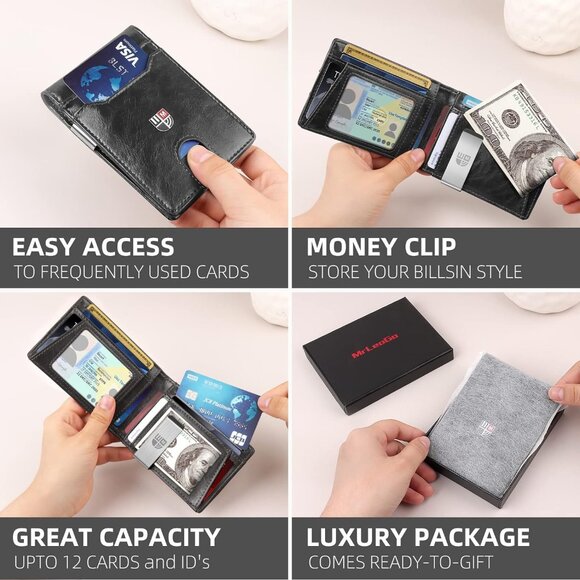 Men's Slim Leather Wallet RFID Blocking 12 Card Slots - Picture 3 of 10